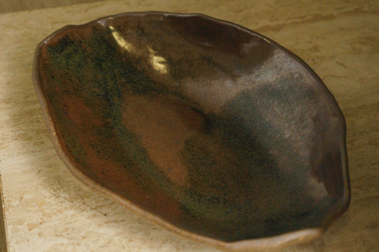 Large Earthen Bowl in Dark Crimson Waves