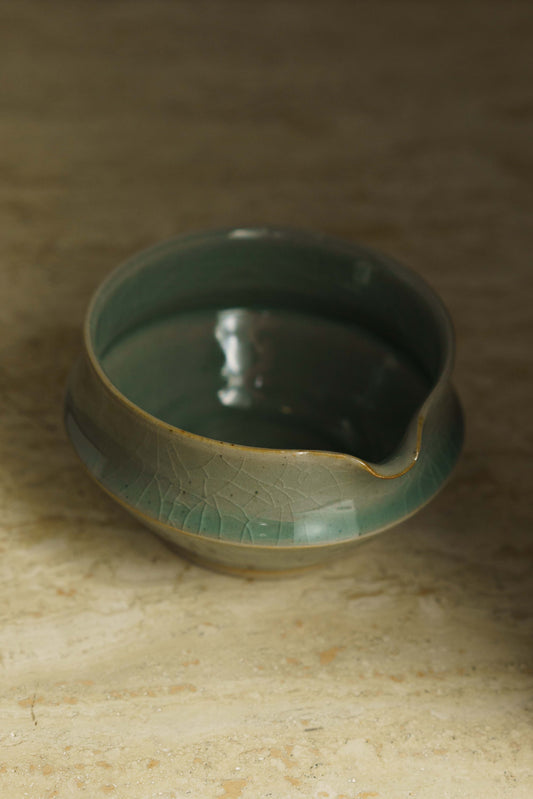 Spouted  angular matcha bowl in celadon.
