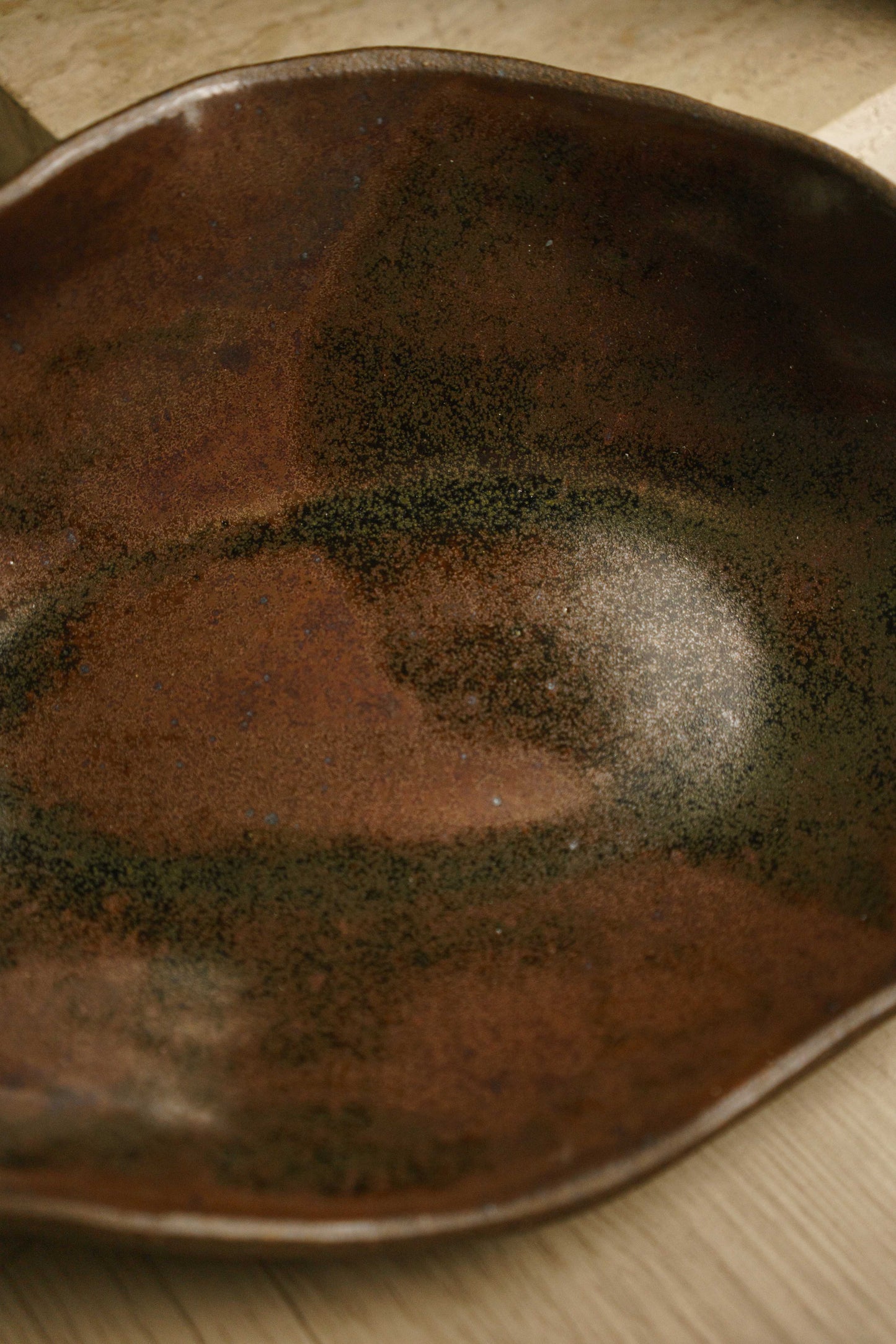 Large Earthen Bowl in Dark Crimson Waves